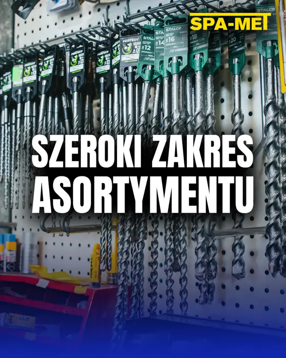 Grafika z profilu SPA-MET: szeroki zakres asortymentu, wiertła i narzędzia na ścianie sklepu